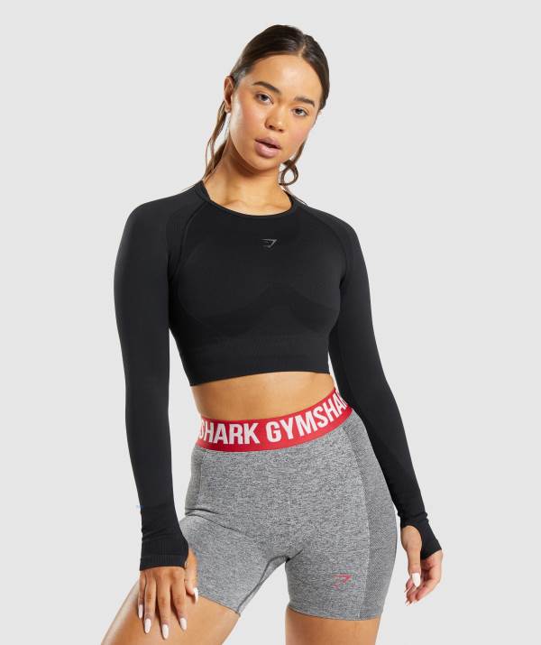 Damske Crop Top Gymshark Flex Sports Long Sleeve Čierne | PD9271864